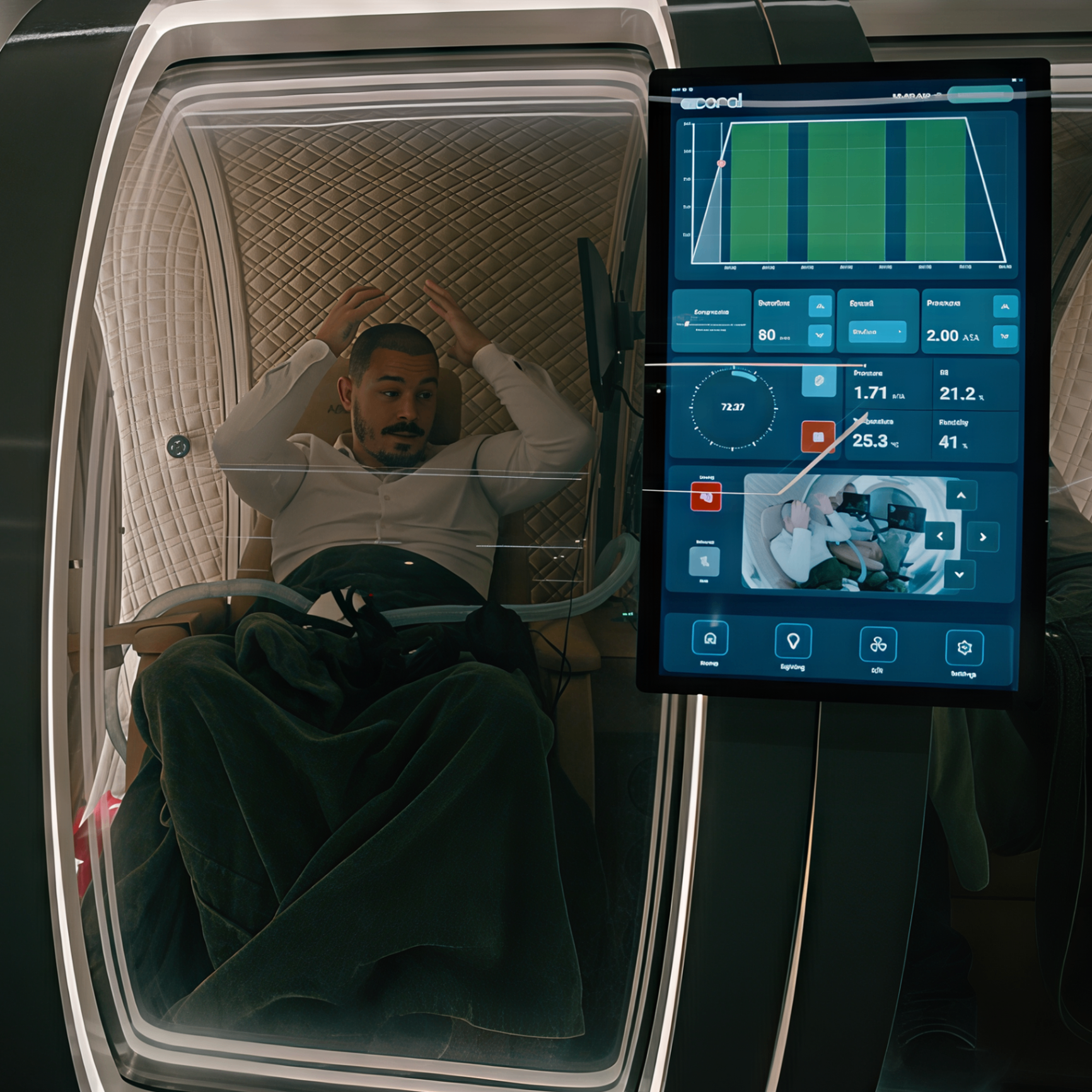 Client relaxing with hands behind head