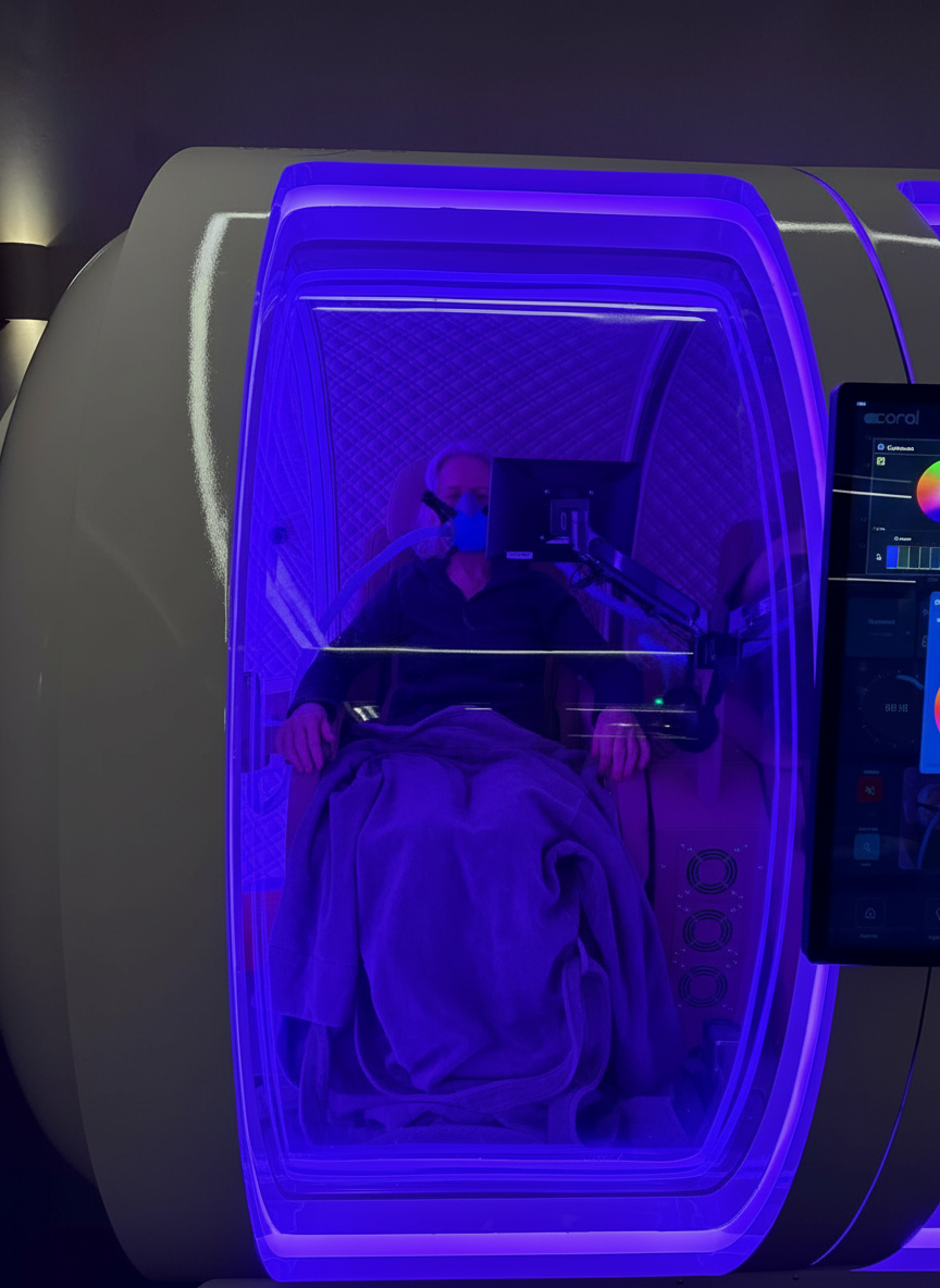 HBOT session with blue therapeutic lighting